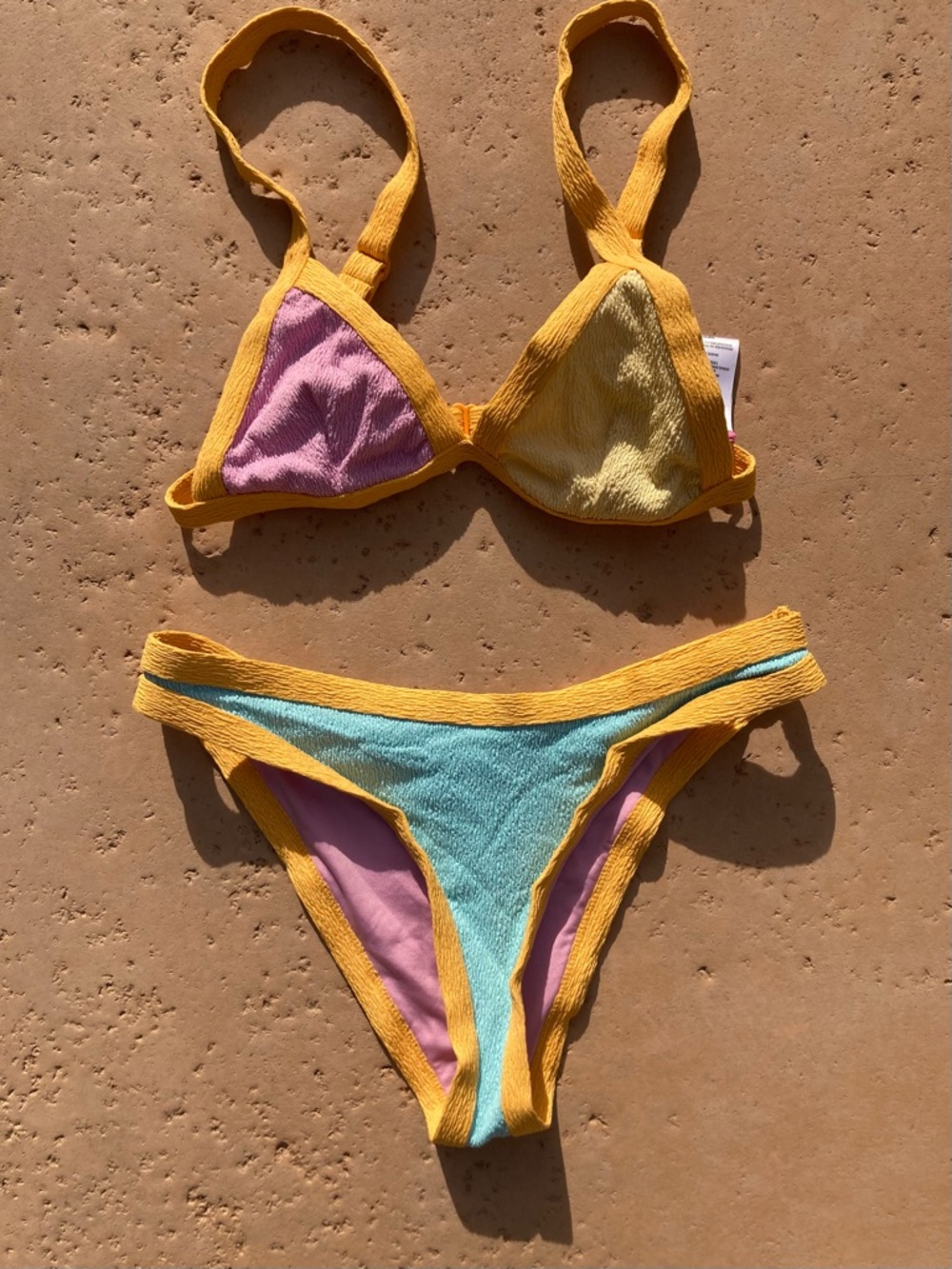 Colorblock Triangle Bikini Set Pastel Pink Yellow Blue Two Piece Size S